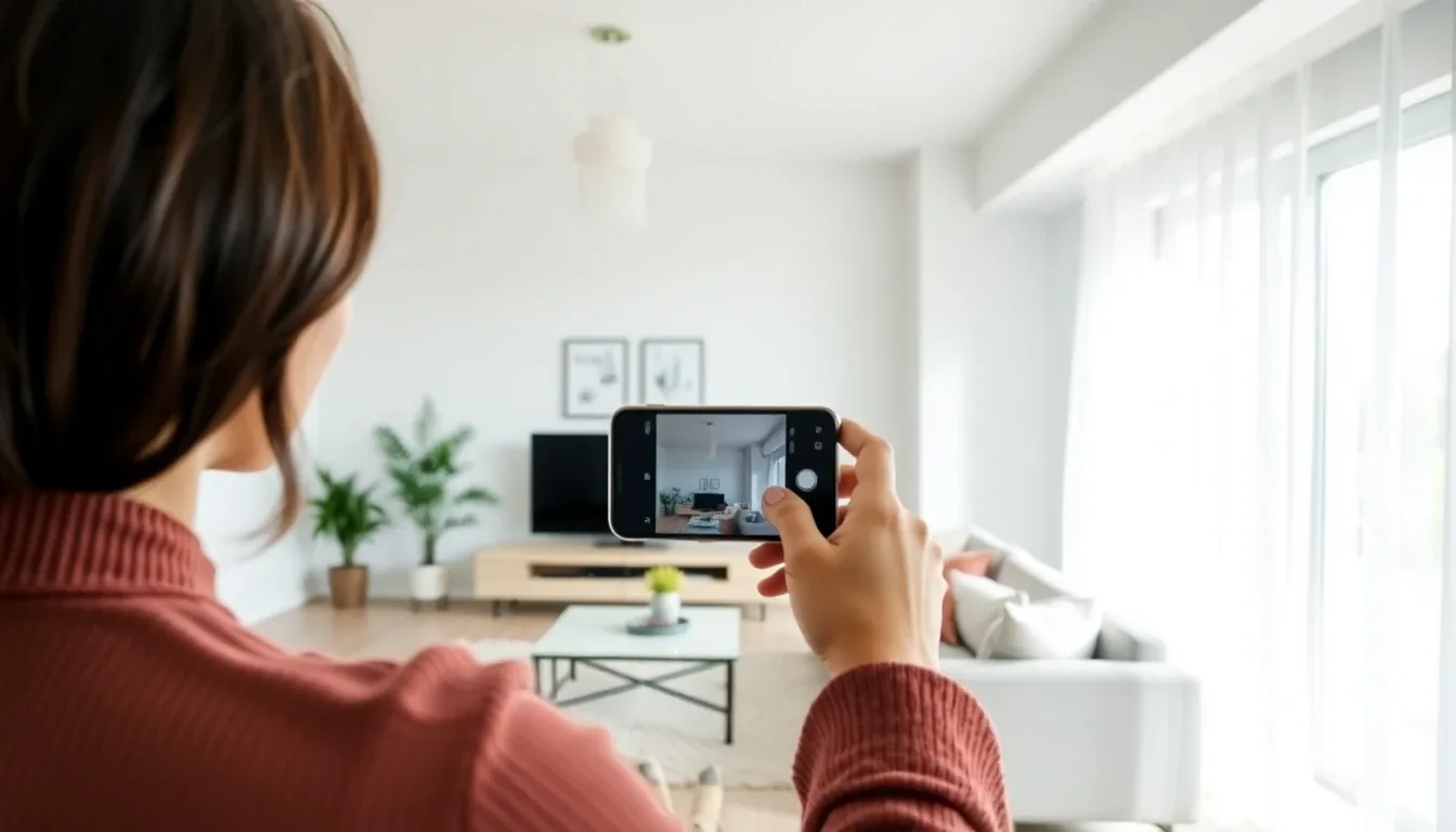 Woman taking a photo to redesign her room with an AI interior design app