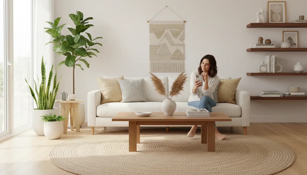 DecorAI AI interior design app hero image showing a bright room makeover idea