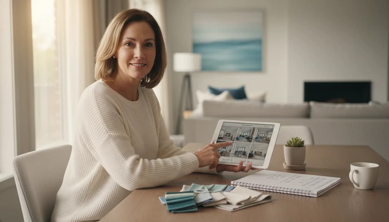 Woman planning room budget and makeover ideas with DecorAI