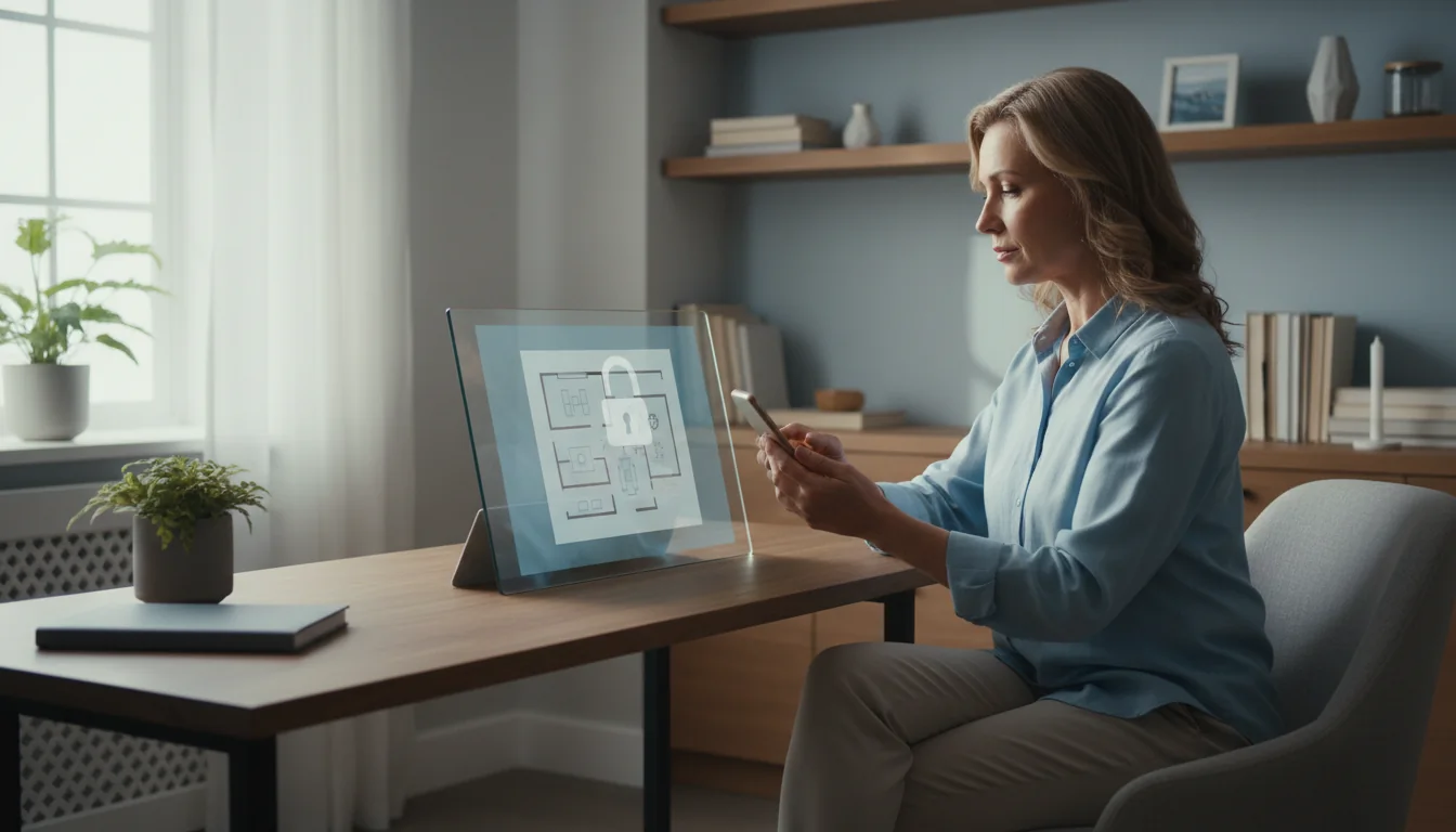 Woman uploading a room photo in a calm home setting with a safe and trusted feeling